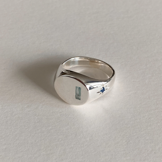 Recycled silver signet ring with aquamarine and sapphire gemstones