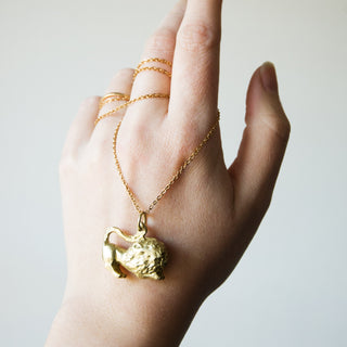 Hand showcasing recycled brass lion pendant