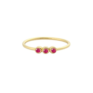 Recycled yellow gold stacking ring with three rubies in a row