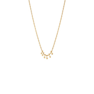 Dainty recycled 9ct yellow gold or fair mined 18ct yellow gold vermeil plated fine chain necklace with six hanging gold nuggets on a white background