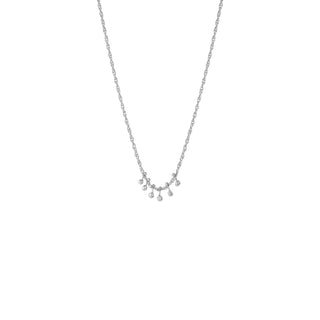 Dainty recycled sterling silver fine chain necklace with six hanging recycled sterling silver nuggets on a white background