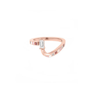Recycled rose gold Alexi ring by EDXÚ with emerald-cut central diamond and princess-cut morganite, garnet, and diamond gemstones on a white background