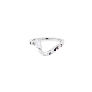 Recycled white gold Alexi ring by EDXÚ with emerald-cut central diamond and princess-cut black onyx, smoky quartz, and diamond gemstones on a white background