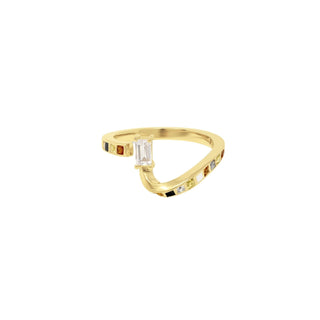 Recycled yellow gold Alexi ring by EDXÚ with emerald-cut central diamond and princess-cut citrine, lemon quartz, and diamond gemstones on a white background
