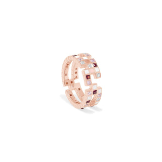 Product close-up of 18ct rose gold vermeil plated Chichi statement chunky ring by EDXU. Featuring garnet, morganite, white topaz, and enamel.