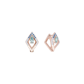Recycled 18ct rose gold and blue topaz or aquamarine contemporary huggie hoop earrings